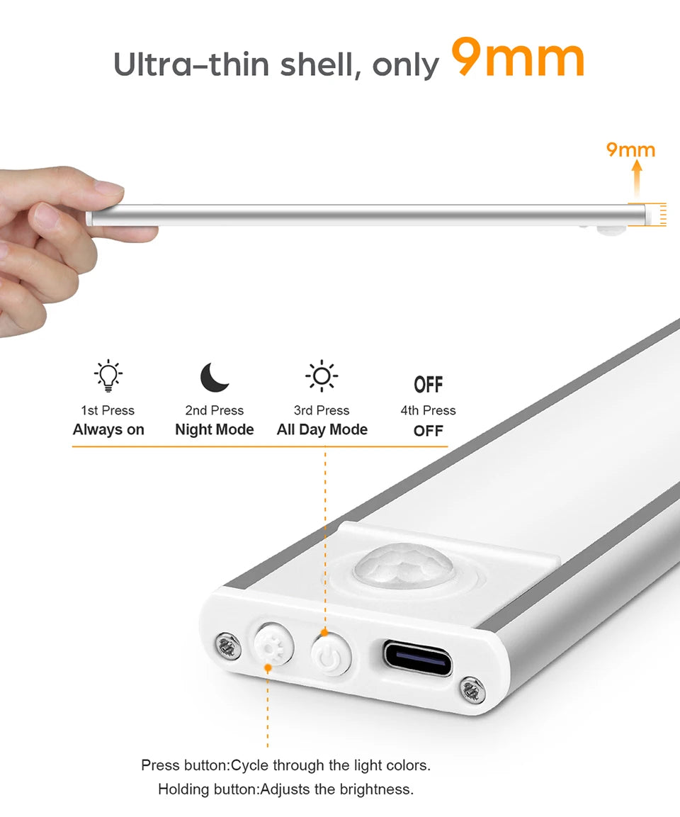 High Capacity Battery USB Rechargeable LED Light Bar Aluminium Motion Sensor Magnetic Strip For Stairs Closet Cabinet Night Lamp