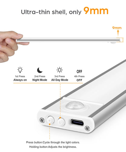 High Capacity Battery USB Rechargeable LED Light Bar Aluminium Motion Sensor Magnetic Strip For Stairs Closet Cabinet Night Lamp