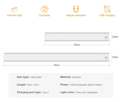 High Capacity Battery USB Rechargeable LED Light Bar Aluminium Motion Sensor Magnetic Strip For Stairs Closet Cabinet Night Lamp